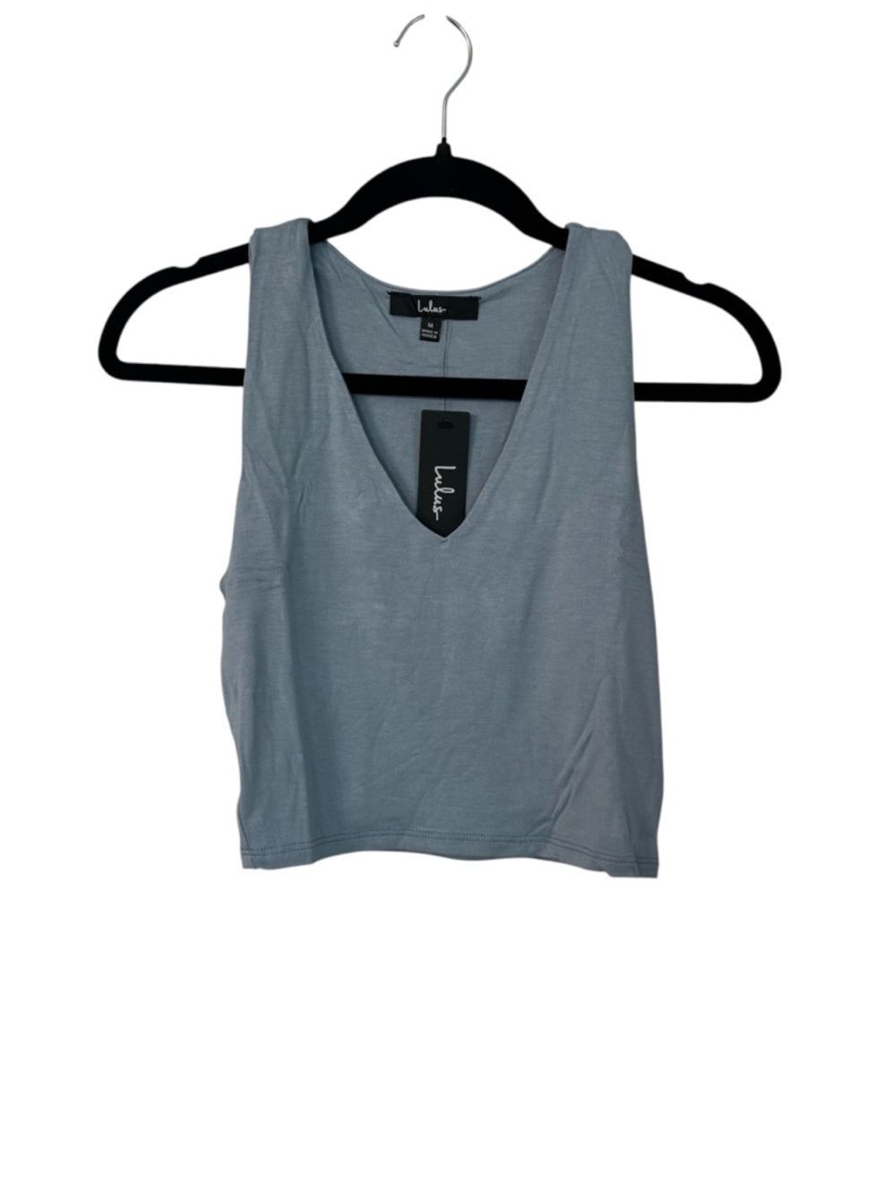 Lulus Basics Feel Like Dancing Denim Blue Deep V-Neck Crop Top Sz M NWT